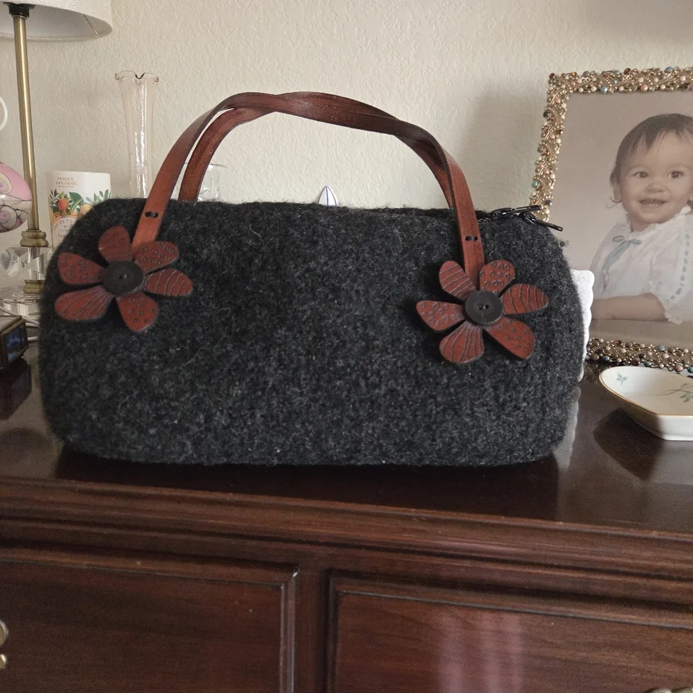 Handmade Felted Purse With Tooled Leather Flowers And Leather Straps
